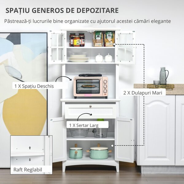 HOMCOM Dulap pentru bucatarie si sufragerie cu 2 compartimente, rafturi reglabile si masa, MDF, 68,6x40x164 cm, alb | Aosom Romania