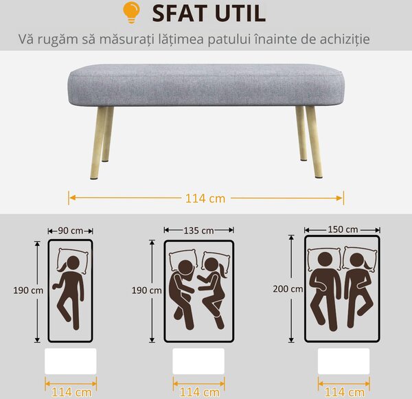 HOMCOM Bancă Tapițată pentru Capătul Patului, cu Butoni și Picioare din Oțel, Gri, Dormitor/Cameră de Zi | Aosom Romania