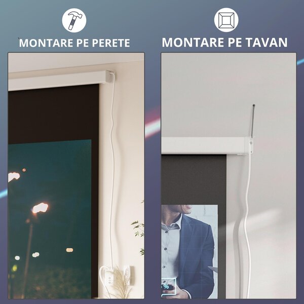 HOMCOM Ecran Proiector 100 Inch cu Montaj pe Perete sau Tavan, Ecran pentru Proiecții cu Telecomandă, 247x7.5x168 cm, Alb | Aosom Romania