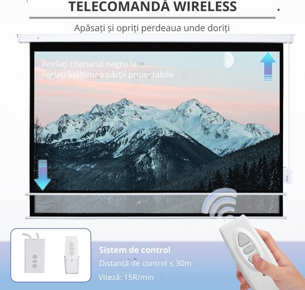 HOMCOM Ecran Proiector 100 Inch cu Montaj pe Perete sau Tavan, Ecran pentru Proiecții cu Telecomandă, 247x7.5x168 cm, Alb | Aosom Romania