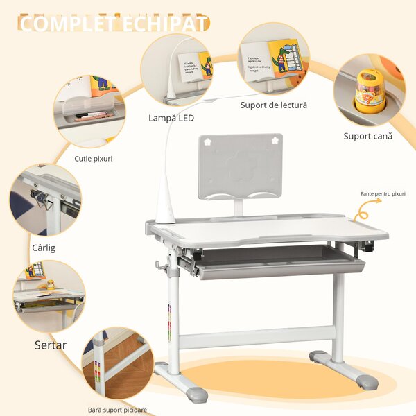 Homcom Set Birou Copii cu LED – Reglabil 6–12 Ani cu Blat inclinat | Aosom Romania