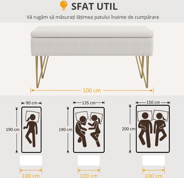 HOMCOM Bancuta otoman 100cm cu spatiu de depozitare, Bancuta tapitata pentru capatul patului cu picioare in forma de ac de par