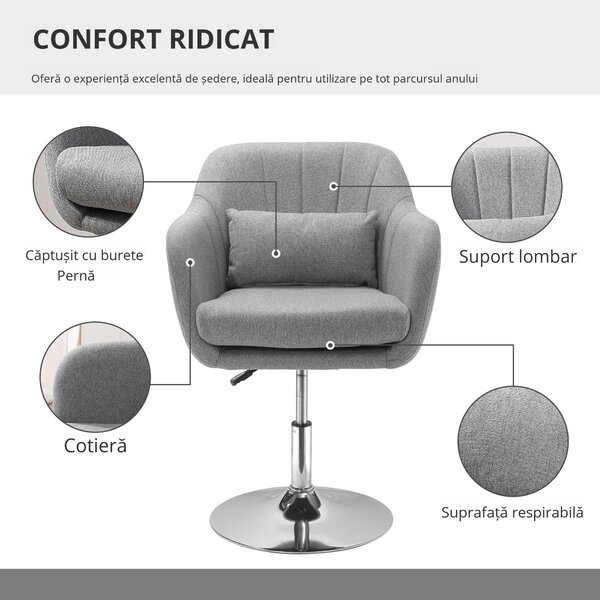 HOMCOM Scaun Pivotant la 360° cu Inaltime Reglabila din Material Respirabil, Scaun Modern cu Perna, Suport Lombar si Cotiere, 60x60x79-91 cm, Gri