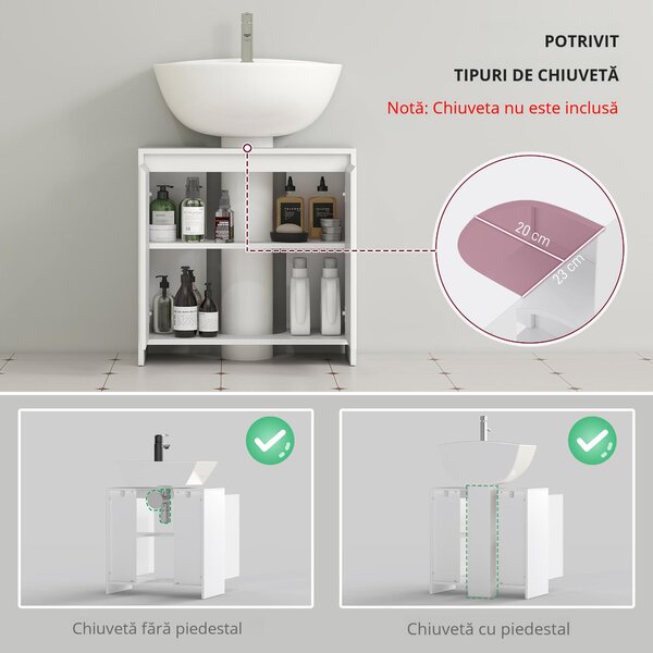 HOMCOM Mobilier Sub Chiuvetă pentru Baie cu 2 Uși, Dulap de Baie cu Decupaj în U pentru Țevi, 60x30x60 cm, Alb | Aosom Romania