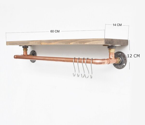 Polita COP001, stejar halifax/cupru, lemn/metal, 60x14x12 cm
