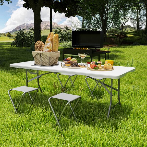 Outsunny Masă de Camping Pliabilă cu Mâner, Cadru Metalic și Blat din Plastic, 180x74x74 cm, Alb | Aosom Romania