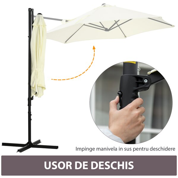 Outsunny Umbrelă de Grădină cu Rotație la 360°, Braț cu Bază în Cruce și Orificiu de Ventilație, Ø256x245 cm, Bej | Aosom Romania