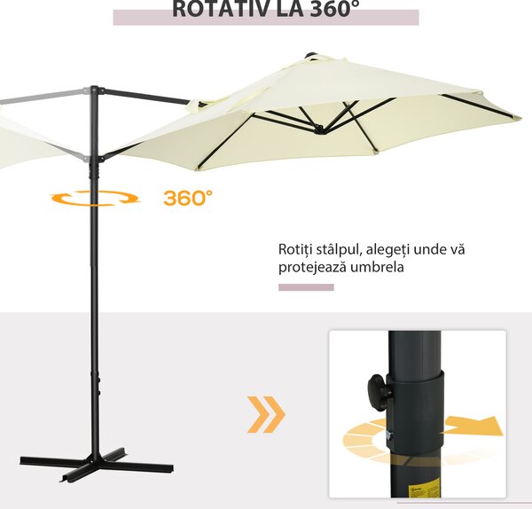 Outsunny Umbrelă de Grădină cu Rotație la 360°, Braț cu Bază în Cruce și Orificiu de Ventilație, Ø256x245 cm, Bej | Aosom Romania