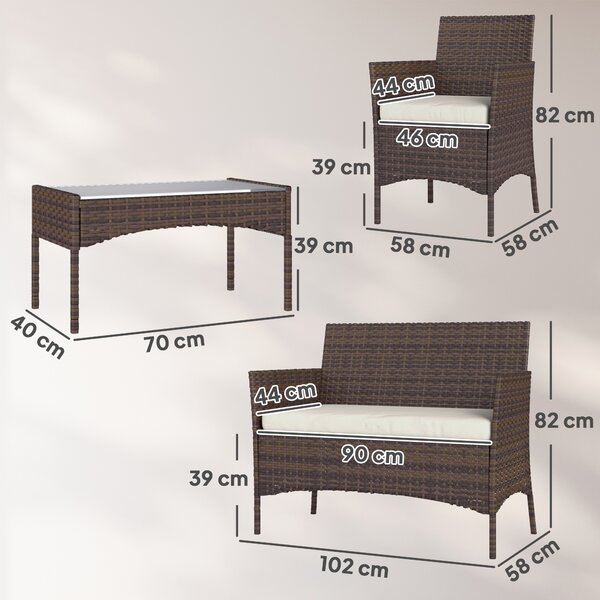 Outsunny Set Mobilier de Grădină din 4 Piese cu Canapea, 2 Fotolii și Măsuță de Cafea, 102x58x82 cm, Maro | Aosom Romania