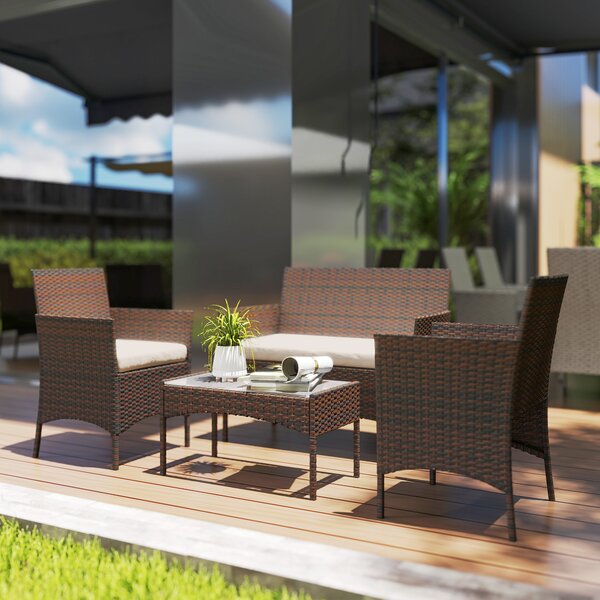 Outsunny Set Mobilier de Grădină din 4 Piese cu Canapea, 2 Fotolii și Măsuță de Cafea, 102x58x82 cm, Maro | Aosom Romania