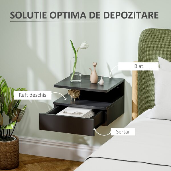 HOMCOM Noptieră Suspendată cu Sertar și Raft Superior din Lemn, 35x32x22,5 cm, Negru | Aosom Romania