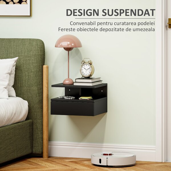 HOMCOM Noptieră Suspendată cu Sertar și Raft Superior din Lemn, 35x32x22,5 cm, Negru | Aosom Romania