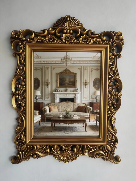 Oglindă decorativă de perete, ramă aurie antichizată, 64 × 84 cm