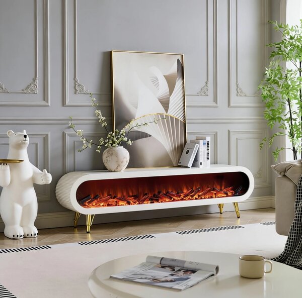 Șemineu electric cu efect LED realist, Comodă TV cu design oval, control vocal și telecomandă, fără încălzire, 180 cm, Alb