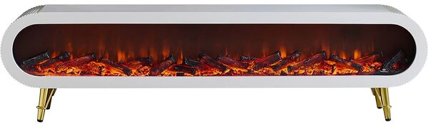 Șemineu electric cu efect LED realist, Comodă TV cu design oval, control vocal și telecomandă, fără încălzire, 180 cm, Alb