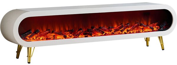 Șemineu electric cu efect LED realist, Comodă TV cu design oval, control vocal și telecomandă, fără încălzire, 180 cm, Alb