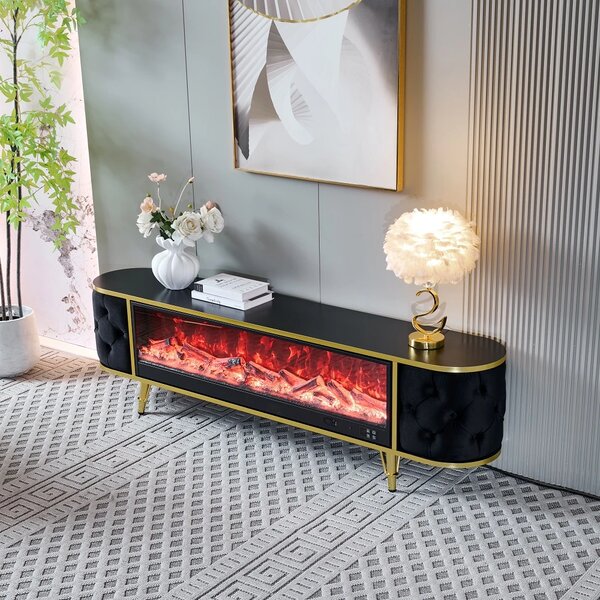 Șemineu electric cu efect LED realist cu 12 culori, Comodă TV cu design oval, control vocal și telecomandă, fără încălzire, 180 cm, Negru