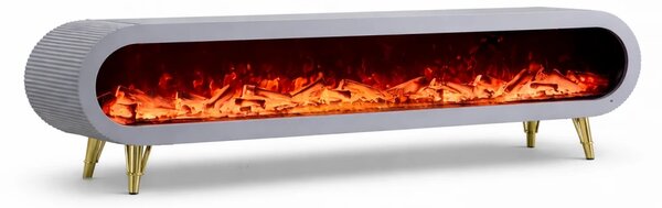 Șemineu electric cu efect LED realist, Comodă TV cu design oval, control vocal și telecomandă, fără încălzire, 180 cm, Gri