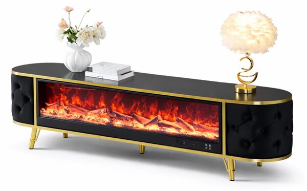 Șemineu electric cu efect LED realist cu 12 culori, Comodă TV cu design oval, control vocal și telecomandă, fără încălzire, 180 cm, Negru