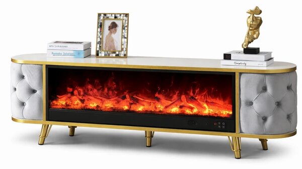 Șemineu electric cu efect LED realist cu 12 culori, Comodă TV cu design oval, control vocal și telecomandă, fără încălzire, 180 cm, Gri