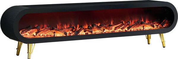 Șemineu electric cu efect LED realist, Comodă TV cu design oval, control vocal și telecomandă, fără încălzire, 180 cm, Negru