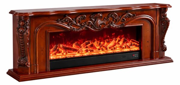 Șemineu electric cu efect LED realist cu 12 culori, Comodă TV, design clasic elegant, control vocal și telecomandă, fără încălzire, 200 cm, Maro