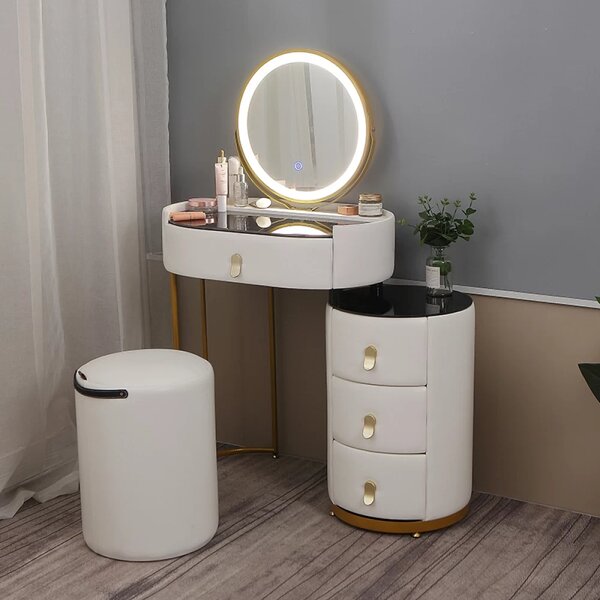 RESIGILAT- Set RACHEL, Masă de toaletă cu oglindă iluminată bandă LED, control touch, 4 sertare, taburet, Alb
