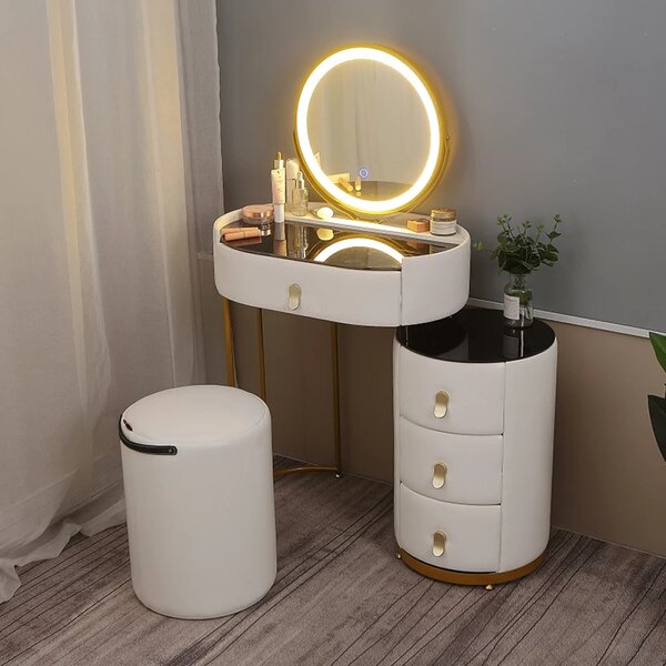 RESIGILAT- Set RACHEL, Masă de toaletă cu oglindă iluminată bandă LED, control touch, 4 sertare, taburet, Alb