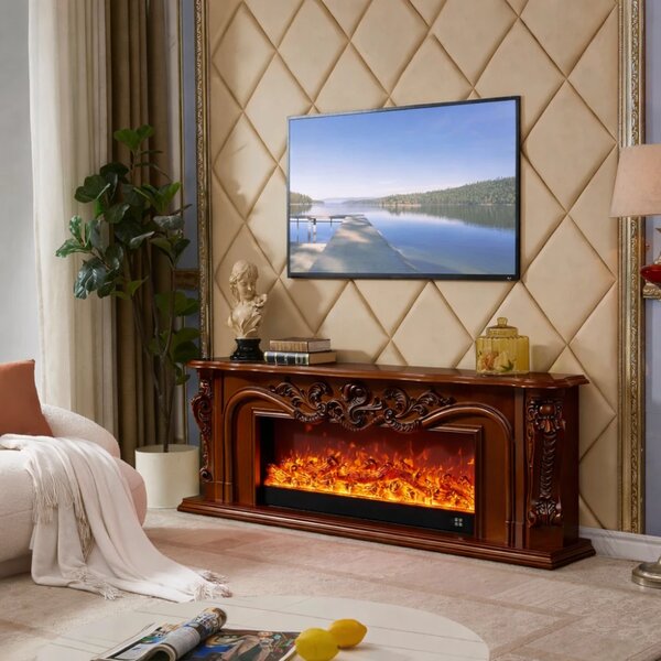Șemineu electric cu efect LED realist cu 12 culori, Comodă TV, design clasic elegant, control vocal și telecomandă, fără încălzire, 200 cm, Maro