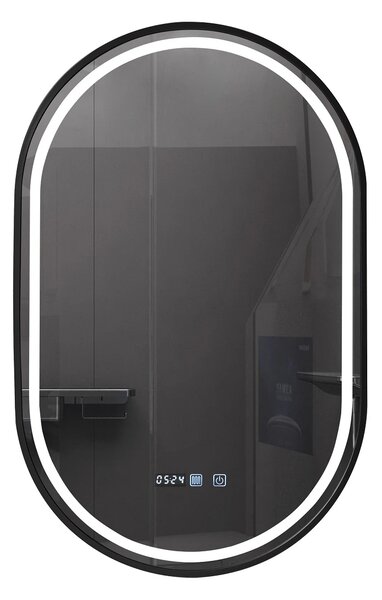 RESIGILAT- Oglinda baie, Multifuncțională, Iluminare LED 3 culori, Ceas încorporat, Sistem Dezaburire, Rama Negru, 50x80 cm
