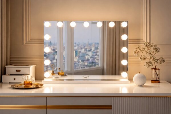 Oglindă cosmetică, sistem iluminare LED cu 3 culori, 15 bulbi, Senzor Tactil, Luminozitate Reglabilă, Alb