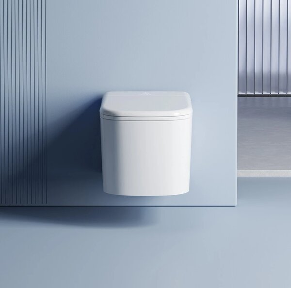Smart WC 623 - Vas de toaletă inteligent Suspendat cu Rezervor Integrat, Sterilizare UV, Deschidere/Închidere automată, Senzor picior, Control inteligent al Temperaturii, Uscare aer cald, Iluminare de noapte, Telecomandă, Afișaj LED, Ceramică, Alb