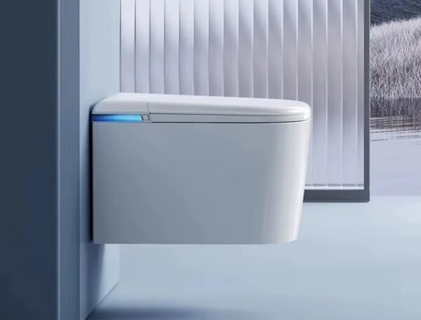 Smart WC 623 - Vas de toaletă inteligent Suspendat cu Rezervor Integrat, Sterilizare UV, Deschidere/Închidere automată, Senzor picior, Control inteligent al Temperaturii, Uscare aer cald, Iluminare de noapte, Telecomandă, Afișaj LED, Ceramică, Alb