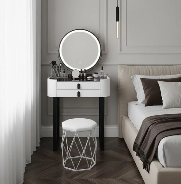RESIGILAT- Set Bianca, Masă de toaletă pentru machiaj cu oglindă iluminată LED, control touch, taburet tapitat, 60x38x76 cm, Alb/Negru