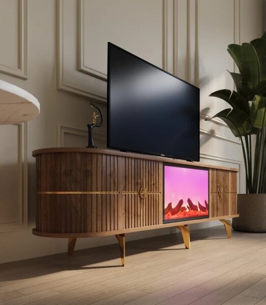 RESIGILAT- Comoda TV cu șemineu electric și riflaje, boxe Bluethooth, telecomandă, Lemn/Auriu, 180x40x50cm
