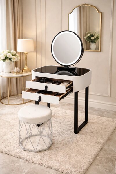 RESIGILAT- Set Bianca, Masă de toaletă pentru machiaj cu oglindă iluminată LED, control touch, taburet tapitat, 60x38x76 cm, Alb/Negru