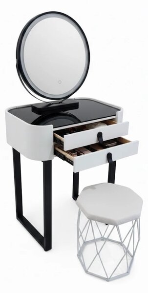 RESIGILAT- Set Bianca, Masă de toaletă pentru machiaj cu oglindă iluminată LED, control touch, taburet tapitat, 60x38x76 cm, Alb/Negru