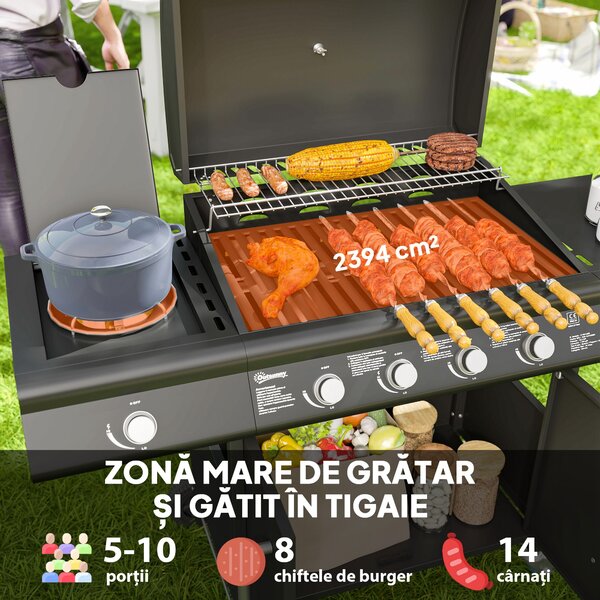 Outsunny Grătar pe Gaz cu Dulăpior, Capac, Măsuță Laterală și Tavă de Colectare a Grăsimii, 129,5x56x110 cm, Negru | Aosom Romania