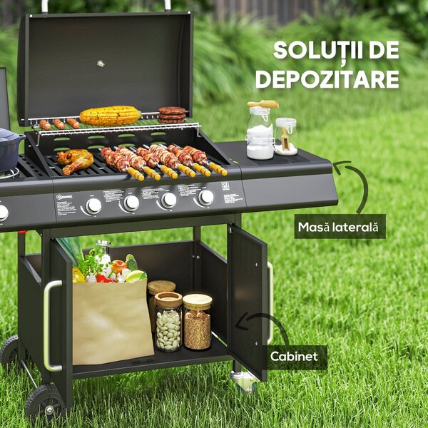 Outsunny Grătar pe Gaz cu Dulăpior, Capac, Măsuță Laterală și Tavă de Colectare a Grăsimii, 129,5x56x110 cm, Negru | Aosom Romania