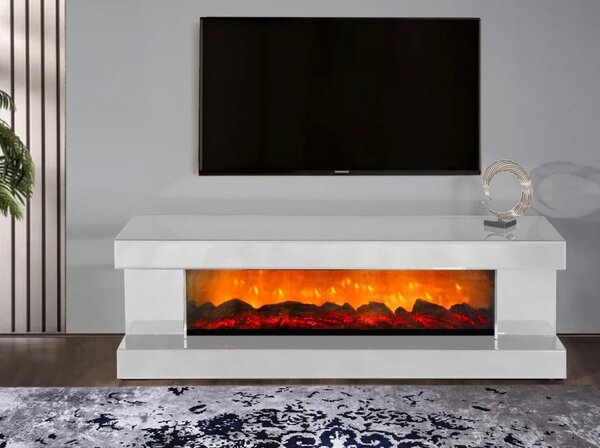 RESIGILAT- Comoda TV cu șemineu electric, boxa Bluethooth, telecomandă, Alb, 180x43x55 cm