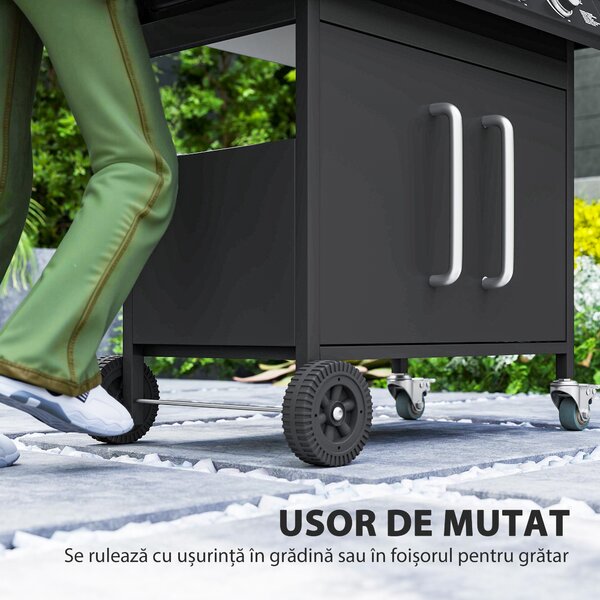 Outsunny Grătar pe Gaz cu Dulăpior, Capac, Măsuță Laterală și Tavă de Colectare a Grăsimii, 129,5x56x110 cm, Negru | Aosom Romania