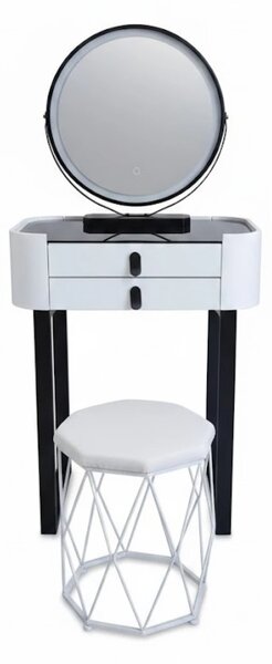 RESIGILAT- Set Bianca, Masă de toaletă pentru machiaj cu oglindă iluminată LED, control touch, taburet tapitat, 60x38x76 cm, Alb/Negru