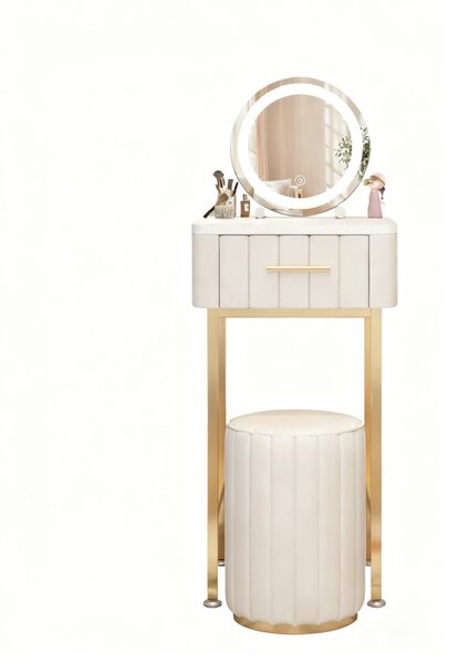Set Seraphine, Masă de toaletă pentru machiaj, minimalistă, cu oglindă iluminată LED, control touch, sertar și taburet, Bej
