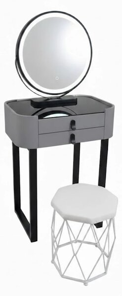 Set Bianca, Masă de toaletă pentru machiaj cu oglindă iluminată LED, control touch, taburet tapitat, 60x38x76 cm, Gri/Negru