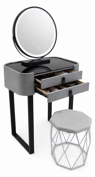 Set Bianca, Masă de toaletă pentru machiaj cu oglindă iluminată LED, control touch, taburet tapitat, 60x38x76 cm, Gri/Negru