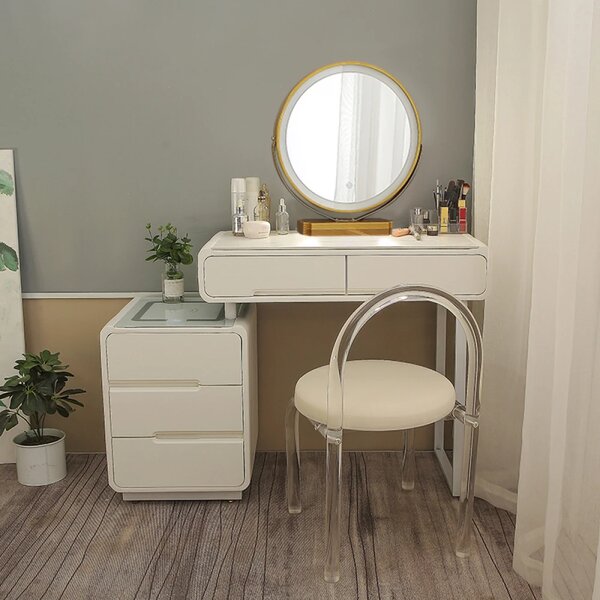 Set Alisa Long, Masă de toaletă pentru machiaj cu oglindă rotunda iluminată LED, control touch, 5 sertare, comoda, scaun, Difuzor Bluetooth, zona încărcare fără fir, Alb, 100 cm