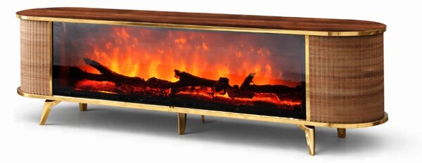 Comoda TV cu șemineu electric și riflaje, boxe Bluethooth, telecomandă, Lemn/Auriu, 180x40x50cm