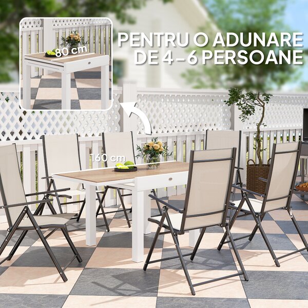 Outsunny Masă de Grădină Extensibilă din Aluminiu cu Blat din PSPC, 80/160x80x75 cm, Alb | Aosom Romania