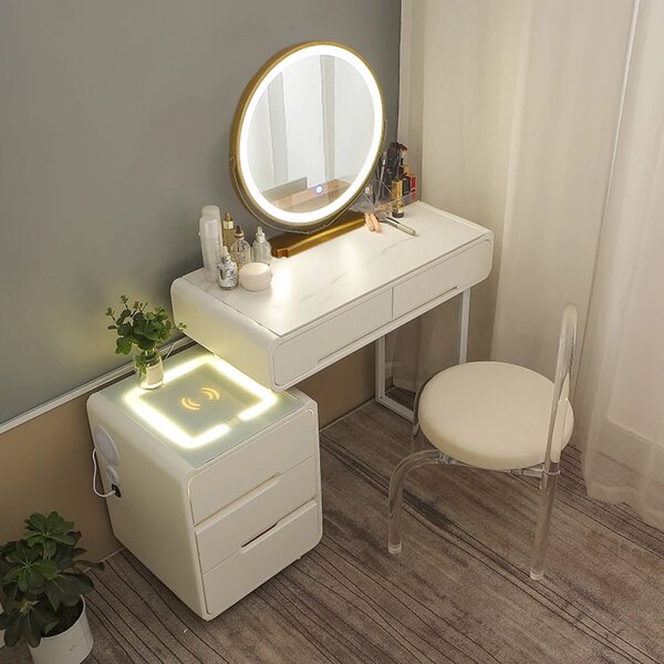 Set Alisa Long, Masă de toaletă pentru machiaj cu oglindă rotunda iluminată LED, control touch, 5 sertare, comoda, scaun, Difuzor Bluetooth, zona încărcare fără fir, Alb, 100 cm