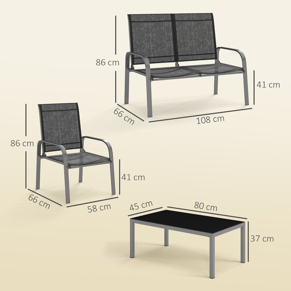 Outsunny Set de Mobilier de Grădină din 4 Piese cu Canapea, 2 Scaune și Masă de Cafea, 108x66x86 cm, Negru | Aosom Romania